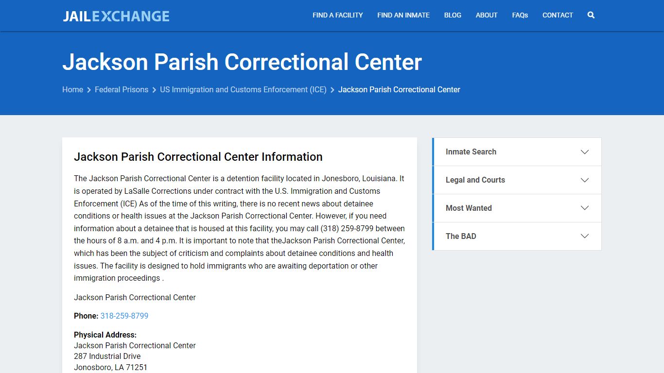 Federal Inmate Search - Jackson Parish Correctional Center - Jail Exchange